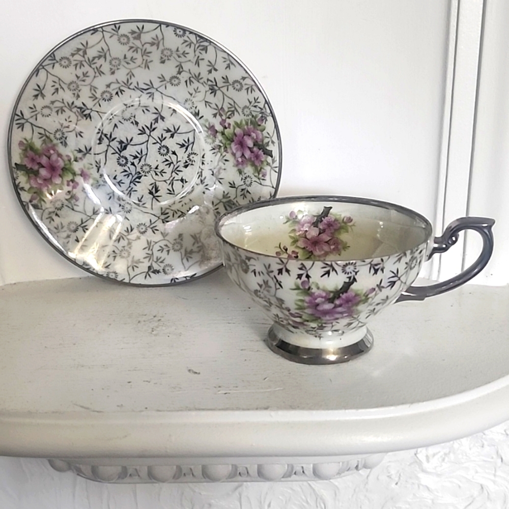 Pink Roses Mother of Pearl Gold Trim Teacup & Saucer Japan Celebrate